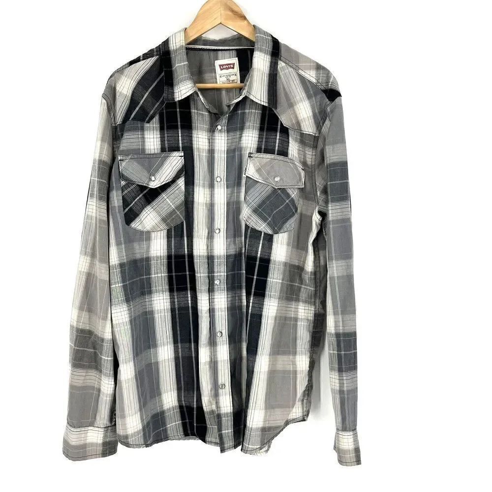 Levis Shirt Size XL Mens Black Gray Pearl Snap Plaid Cotton Western Long Sleeve